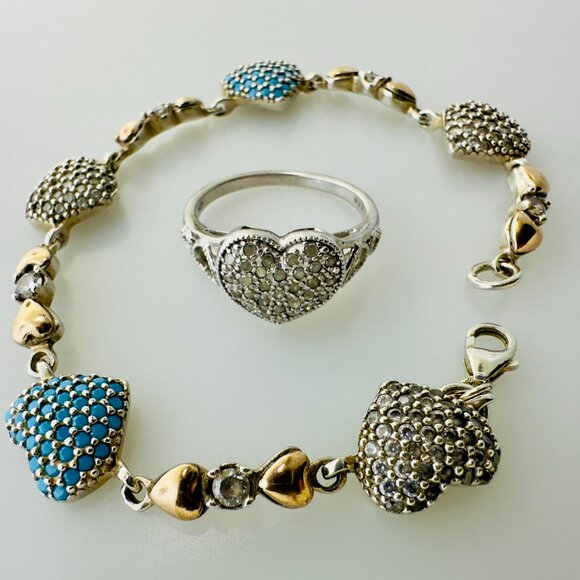 Vintage 925 Sterling Silver Crystal & Turquoise Pavé Clustered Heart Bracelet an - Picture 10 of 12